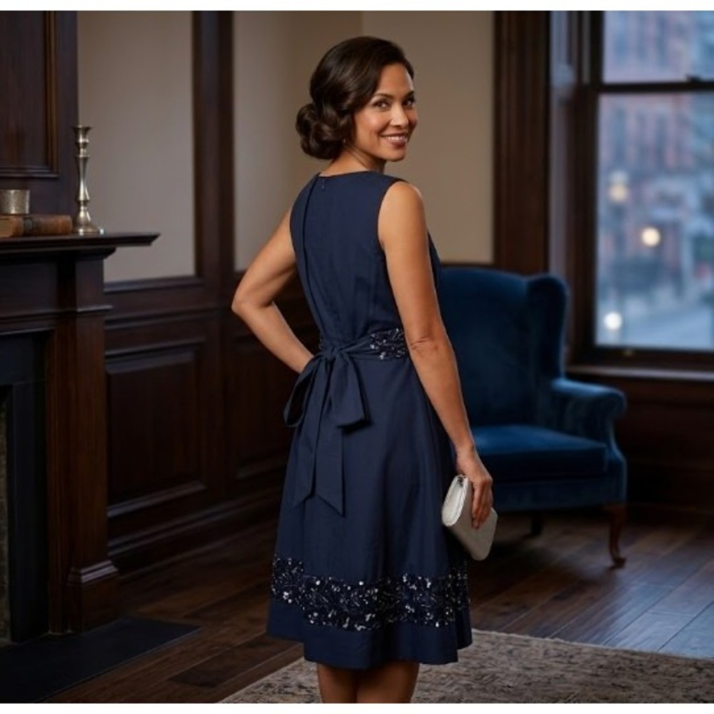 Talbots‎ Cotton Silk Sequin Beaded Fit and Flare Dress Navy Blue Midi Sash